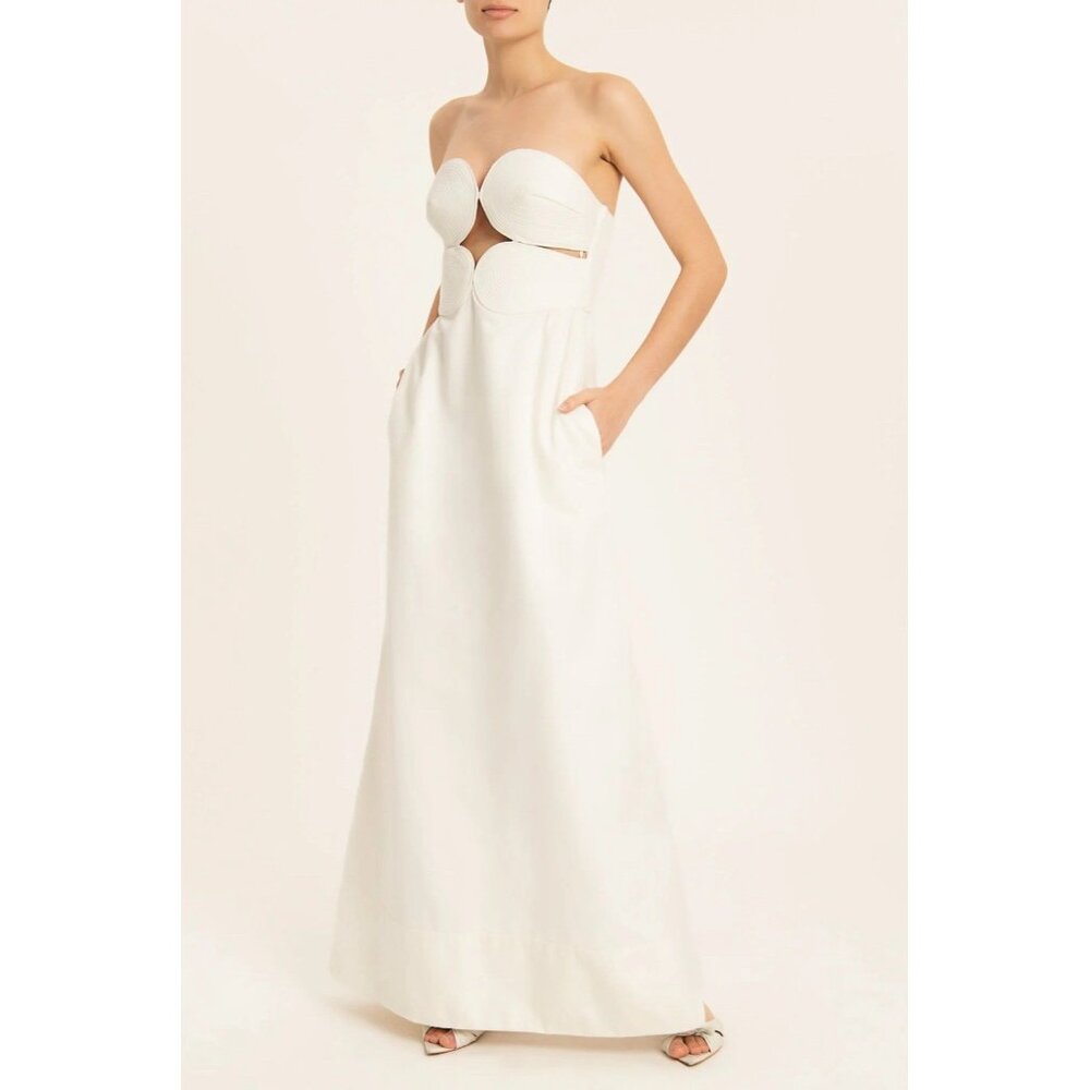 ADRIANA DEGREAS Solid Strapless Matelasse Maxi Dress in Off White